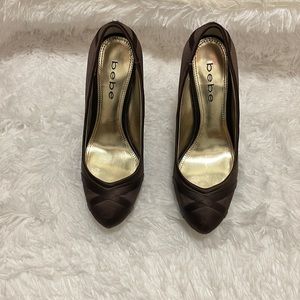 Brown satin platform heels by Bebe